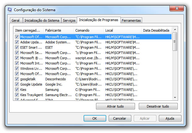 configurações do msconfg